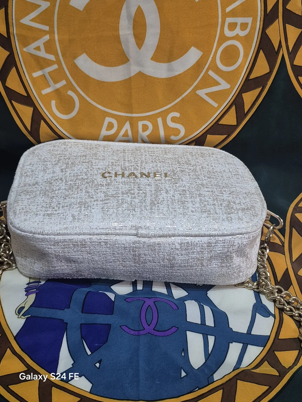 CHANEL White And Gold  Crossbody Camera Bag